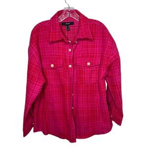 Forever 21 Plaid Shacket Jacket M Pink Fuchsia Berry Button Front‎ Pearl Trim